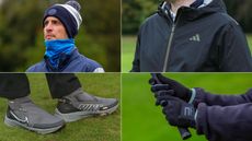 Four pictures of golfers using winter golf gear