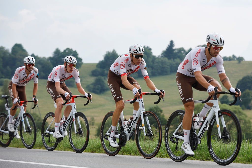 SANOK POLAND AUGUST 02 LR Dorian Godon of France and Michael Schr of Switzerland and AG2R Citren Team compete during the 79th Tour de Pologne 2022 Stage 4 a 1794km stage from Lesko to Sanok TdP22 WorldTour on August 02 2022 in Sanok Poland Photo by Bas CzerwinskiGetty Images
