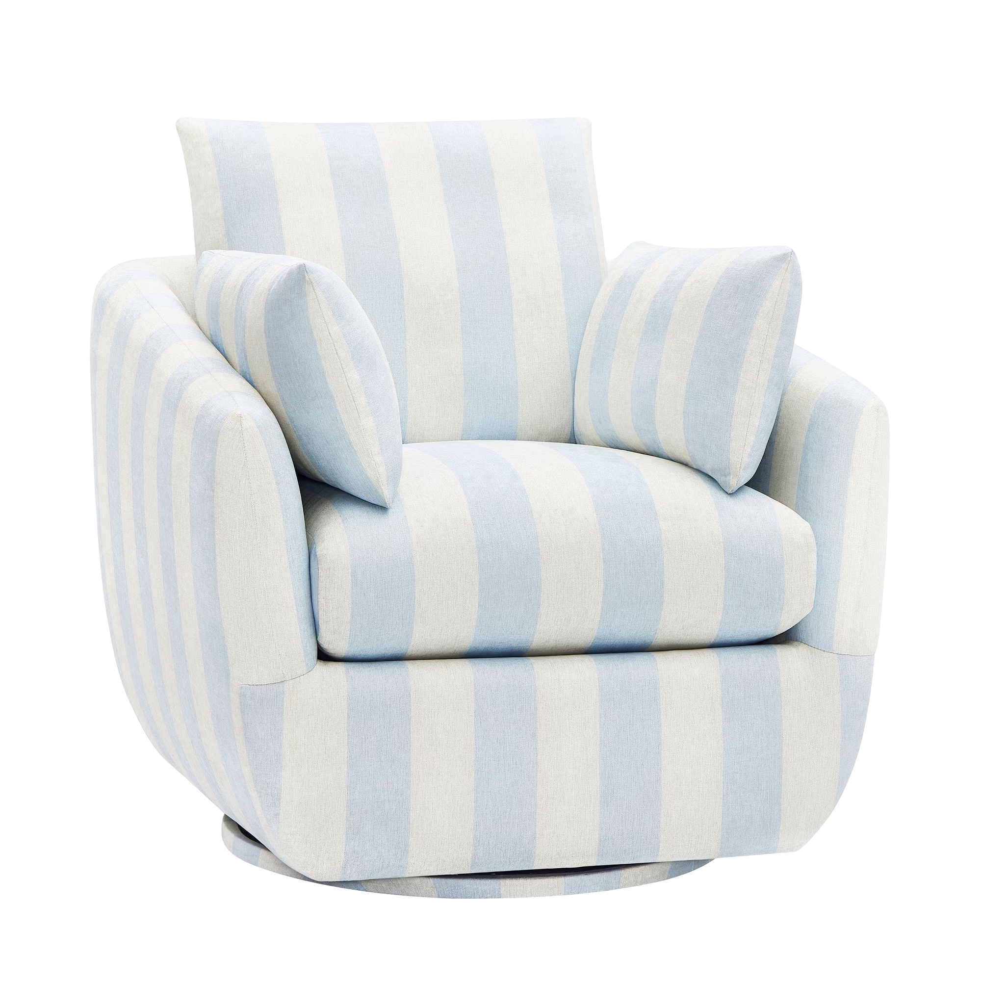 a blue and white striped swivel chair