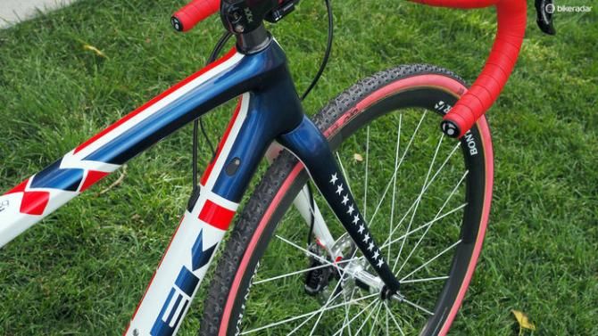 Each of Katie Compton's (Trek Factory Racing) 10 US national championships is denoted with its own star on the fork blade