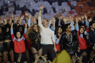 Beyonce, Coldplay singer Chris Martin and Bruno Mars perform during halftime of the NFL Super Bowl 50 football game