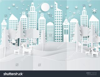 Winter city paper art by KanawatVector