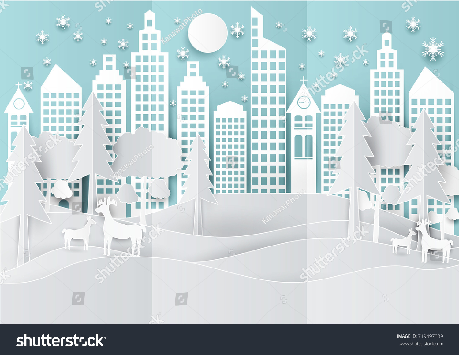Winter city paper art by KanawatVector