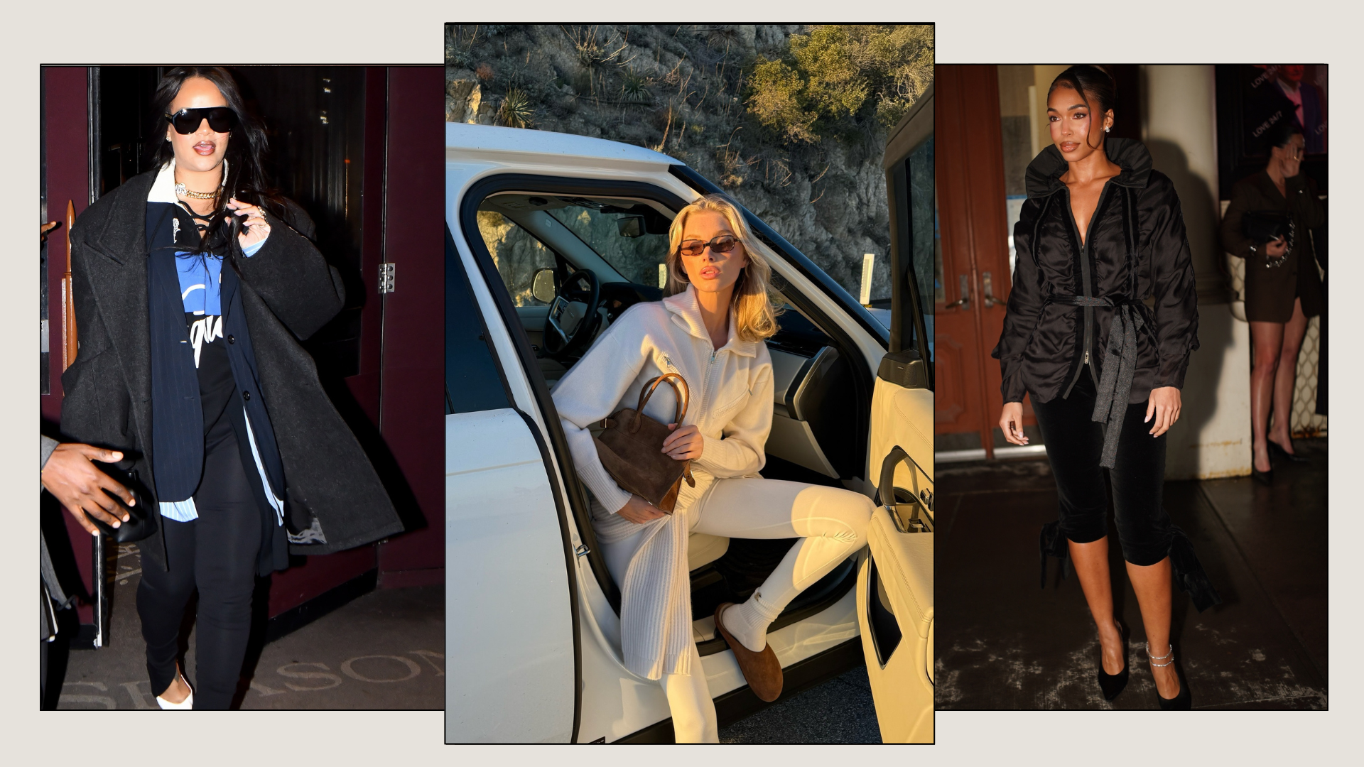 Three celebrities wear a celebrities leggings trend 2026. 