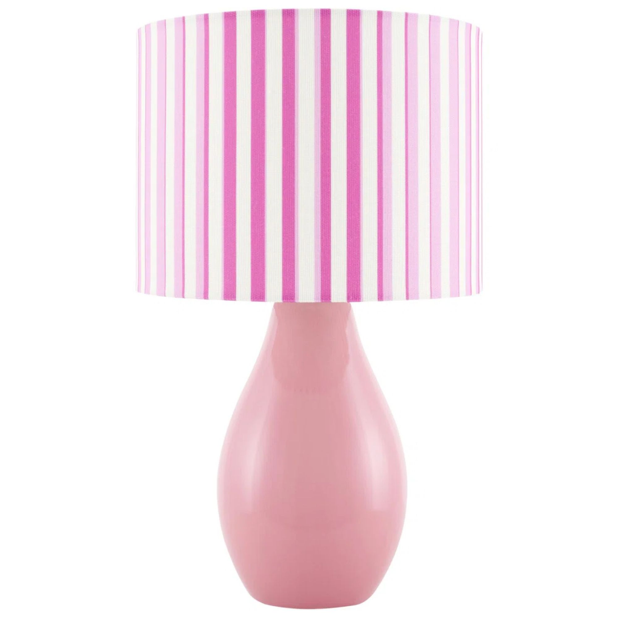 A pink lamp with a white and pink striped lampshade