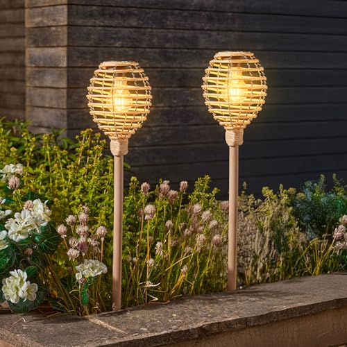 Garden Mile Set of 2 70cm Rattan Solar Lights Outdoor Garden Waterproof Tall Solar Stake Lights Outdoor Light for Pathway Lighting Ideal for Patio Yard Flowerbeds Driveway