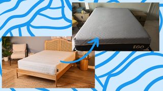 A professional photograph of the luxury Leesa Legend Hybrid mattress with a blue arrow pointing to a picture of the the cheap EGOHOME Black 12" Memory Foam Mattress taken at a tester's house.
