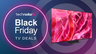 Black Friday 2023 TV deals banner with TV showing abstract pink image