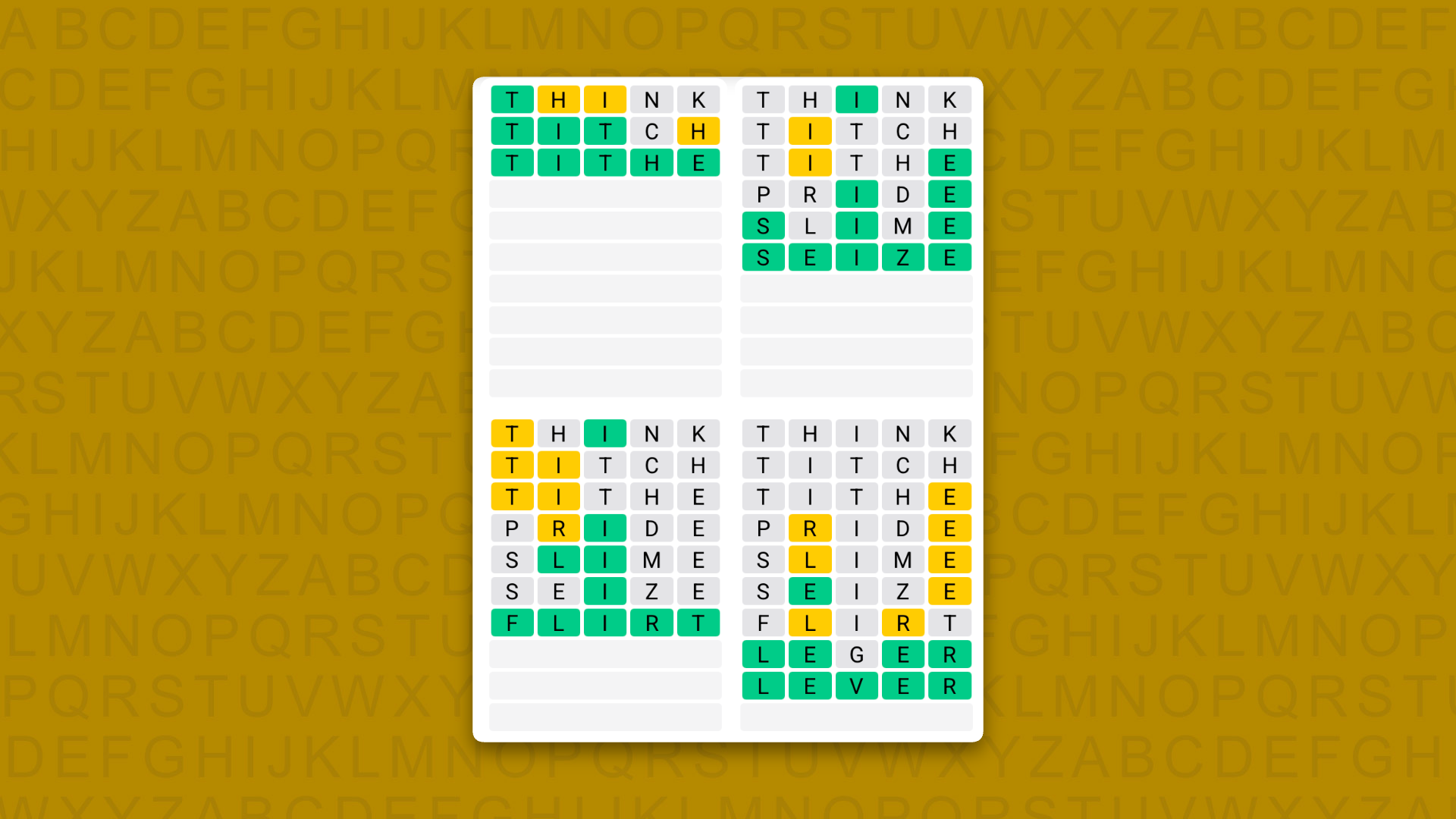 Quordle Daily Sequence answers for game 1651 on a yellow background