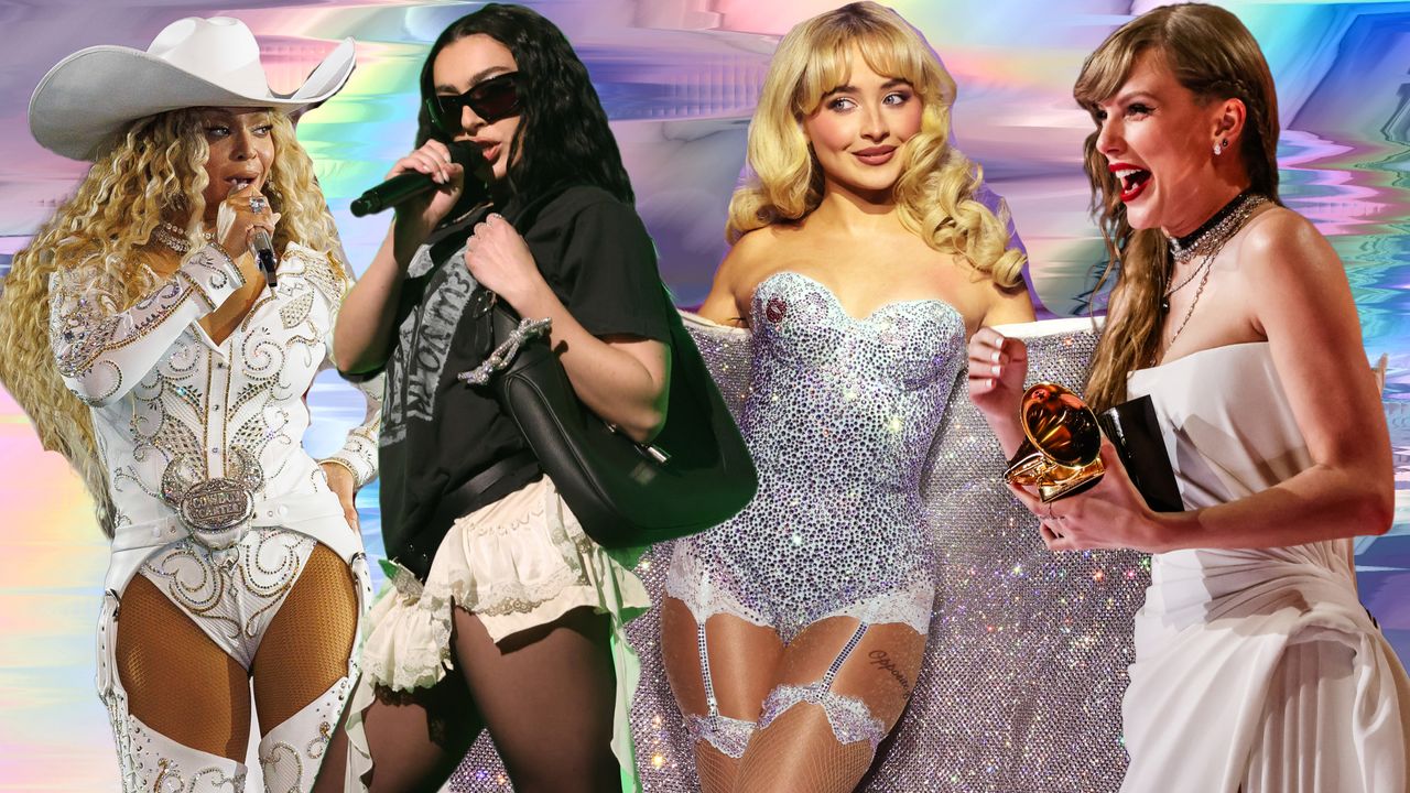 a collage of beyonce charli xcx sabrina carpenter and taylor swift wearing outfits related to their grammy nominated albums