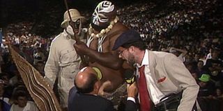 Kamala, Kim Chee, Harvey Wippleman, and Gene Okerlund on WWF programming