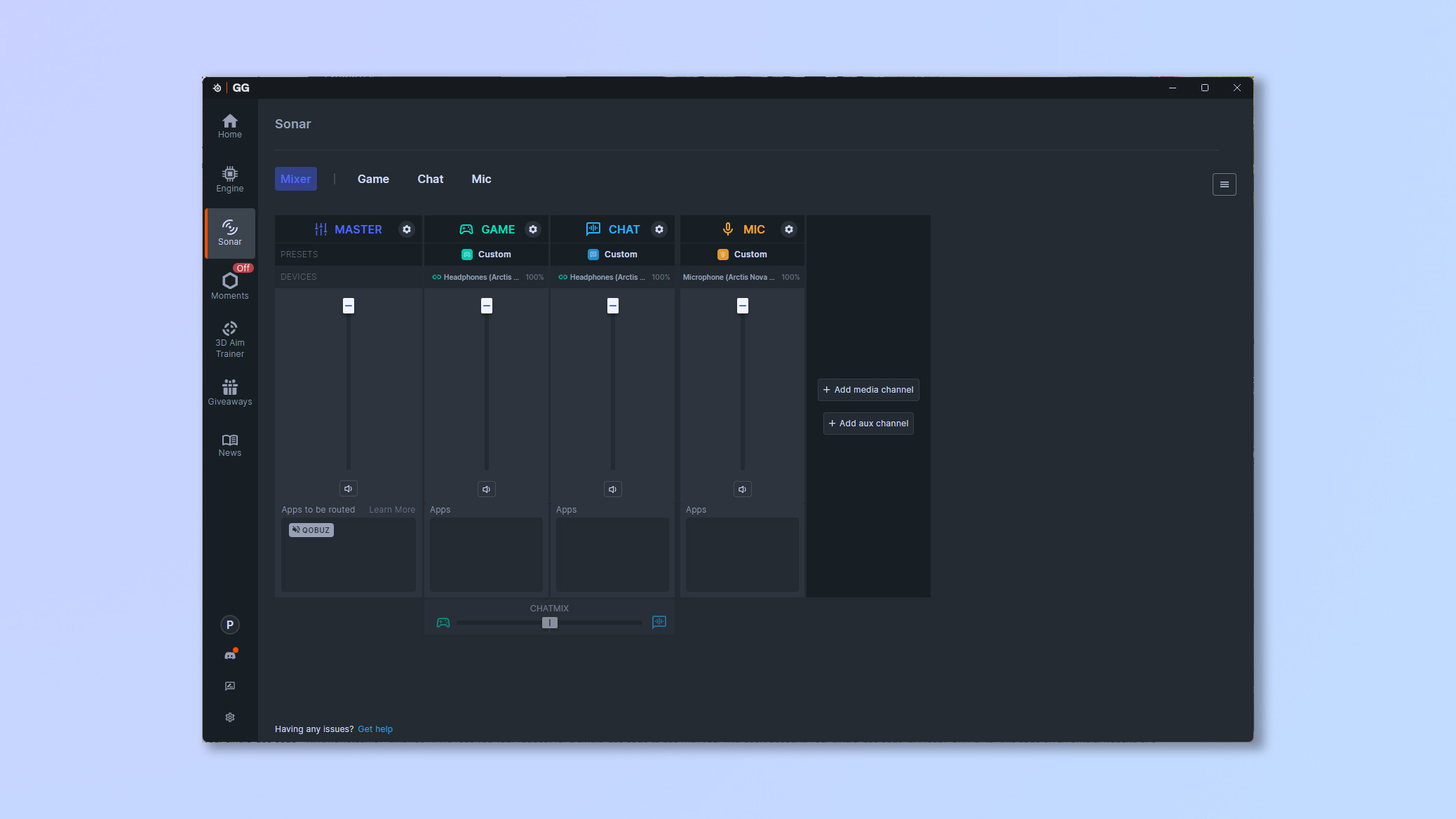 A screenshot of the SteelSeries GG app running Sonar