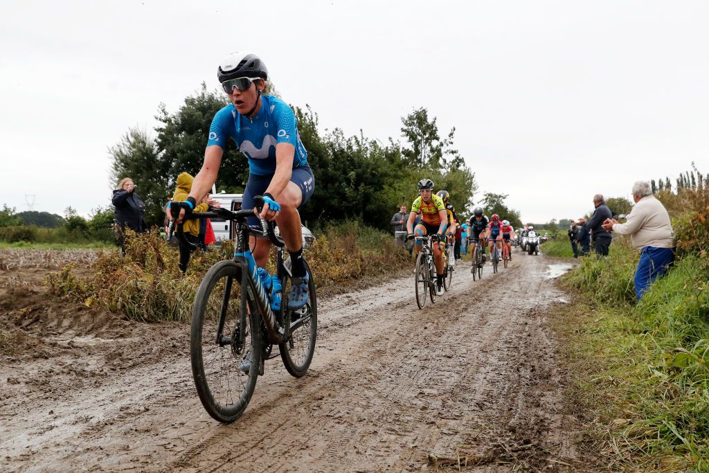 ROUBAIX FRANCE OCTOBER 02 Aude Biannic of France and Movistar Team competes during the 1st ParisRoubaix 2021 Womens Elite a 1164km race from Denain to Roubaix ParisRoubaixFemmes ParisRoubaix on October 02 2021 in Roubaix France Photo by Bas CzerwinskiGetty Images