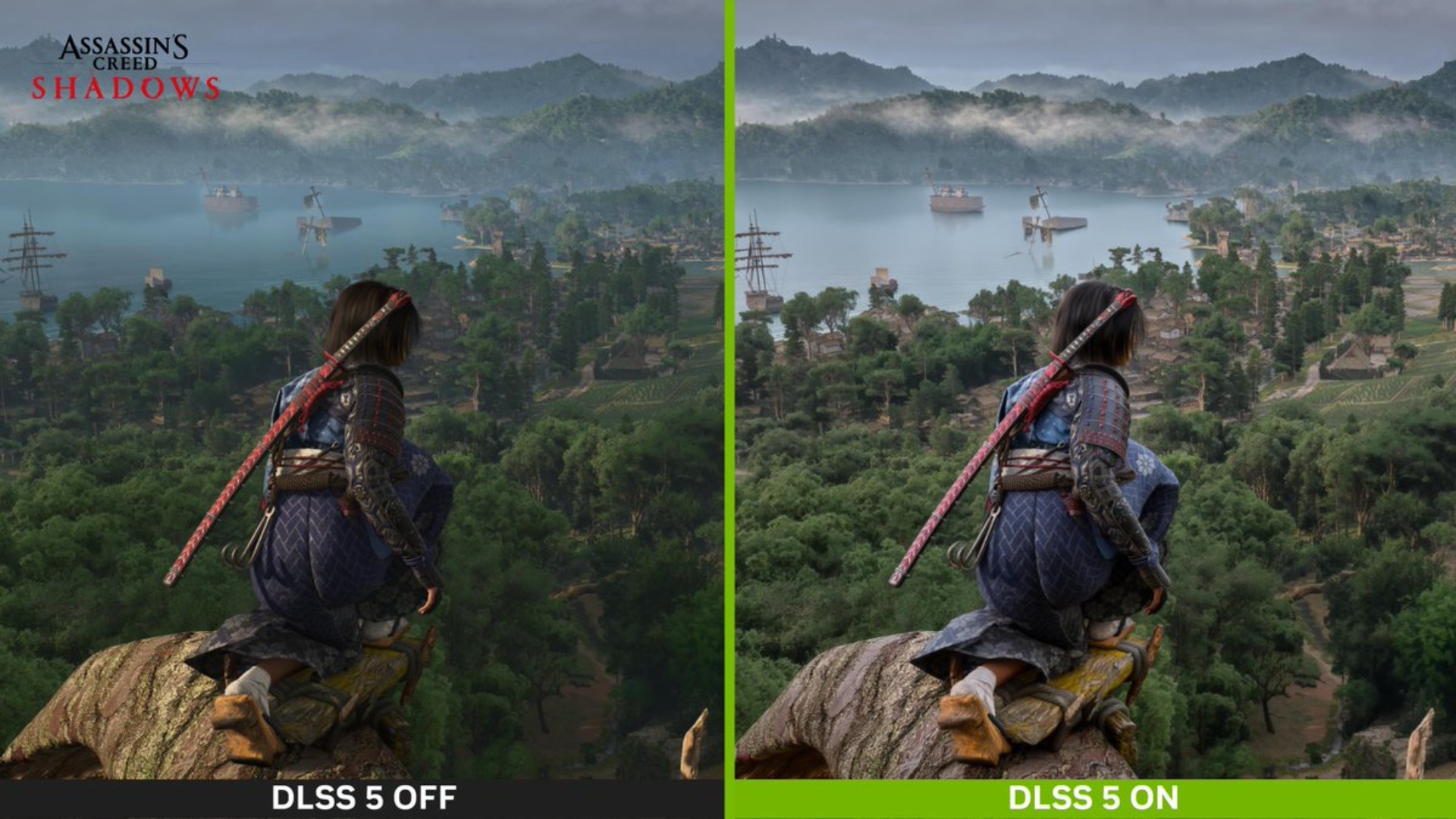 A side-by-side image shows the way DLSS 5 impacts Assassin's Creed Shadows