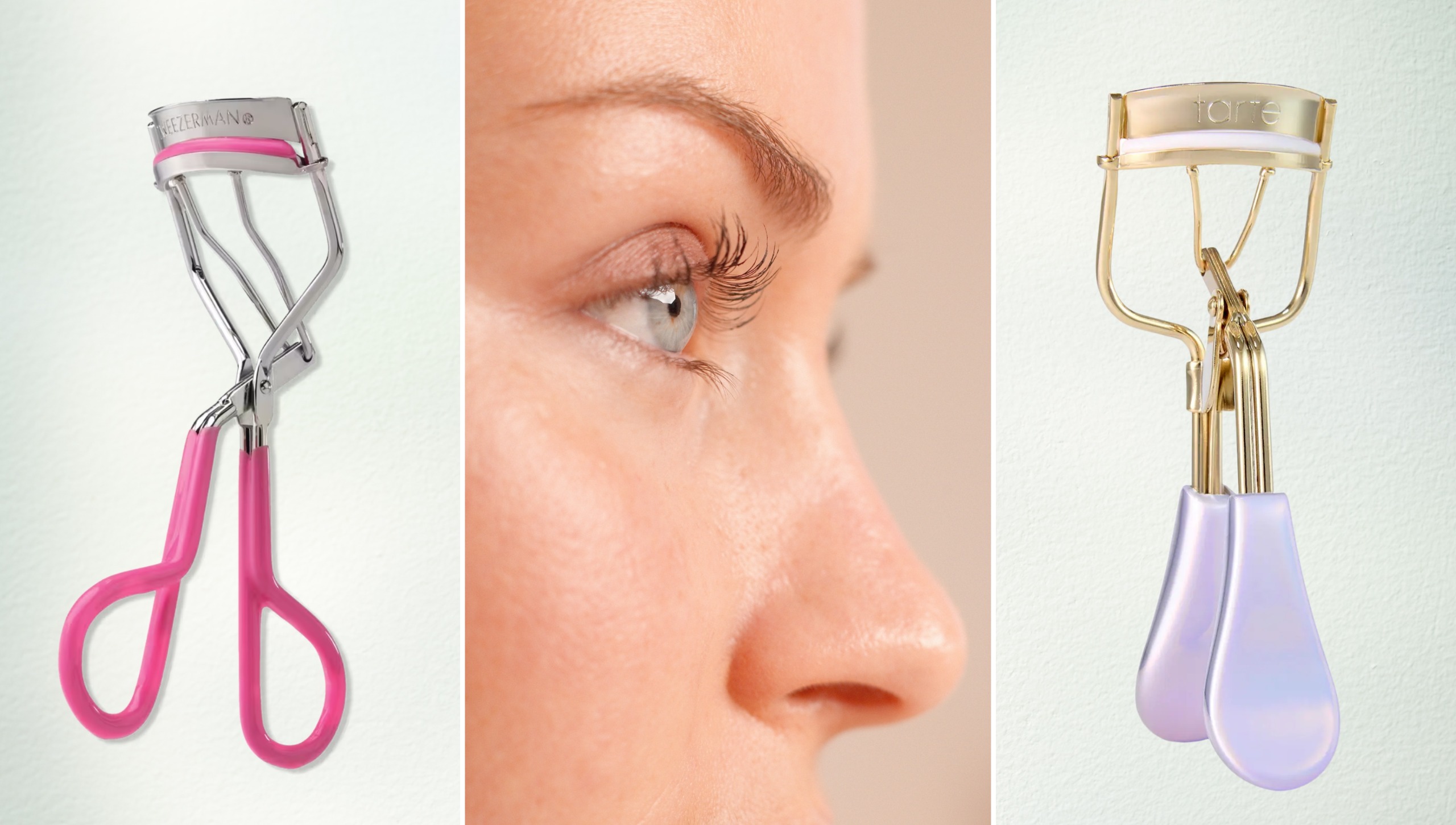 a woman with fluttery, curled lashes on a blue background next to two eyelash curlers