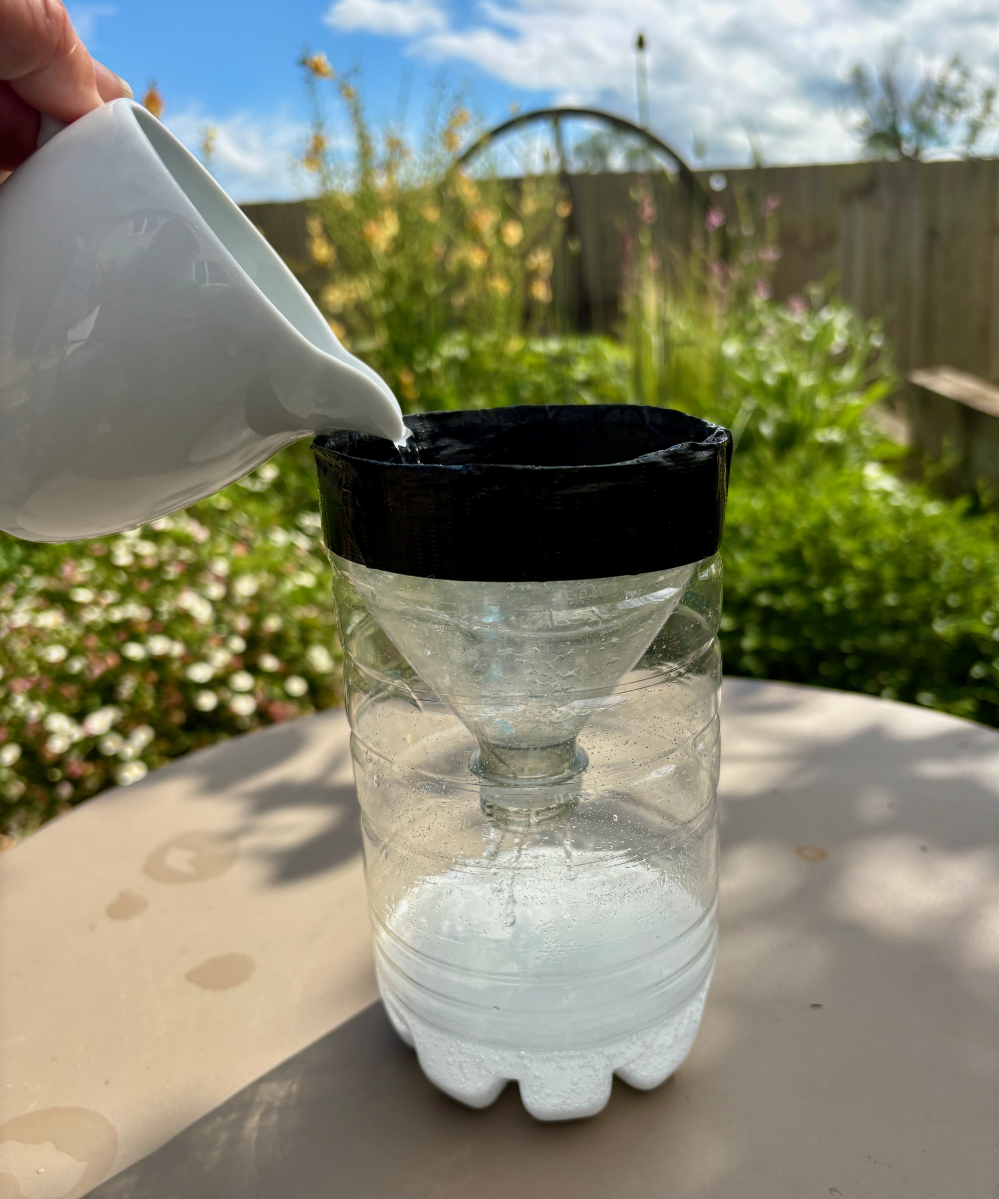 making a mosquito trap by upcycling a plastic bottle, pouring vinegar into the trap