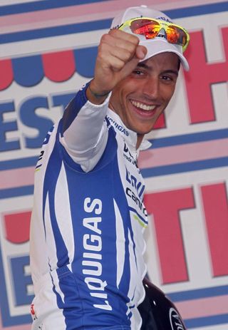 Eros Capecchi (Liquigas-Cannondale) celebrates on the podium.