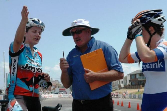 Ankudinoff talks to a commissaire at the end of the race