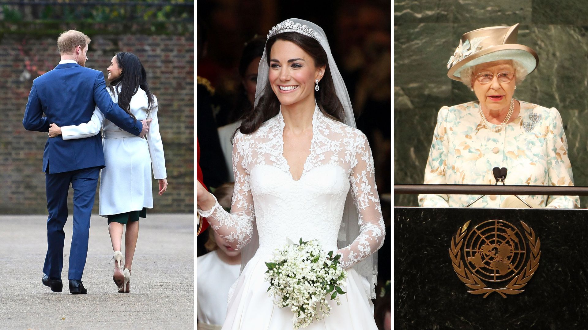 L-R: Prince Harry and Meghan Markle, Kate Middleton, Queen Elizabeth II
