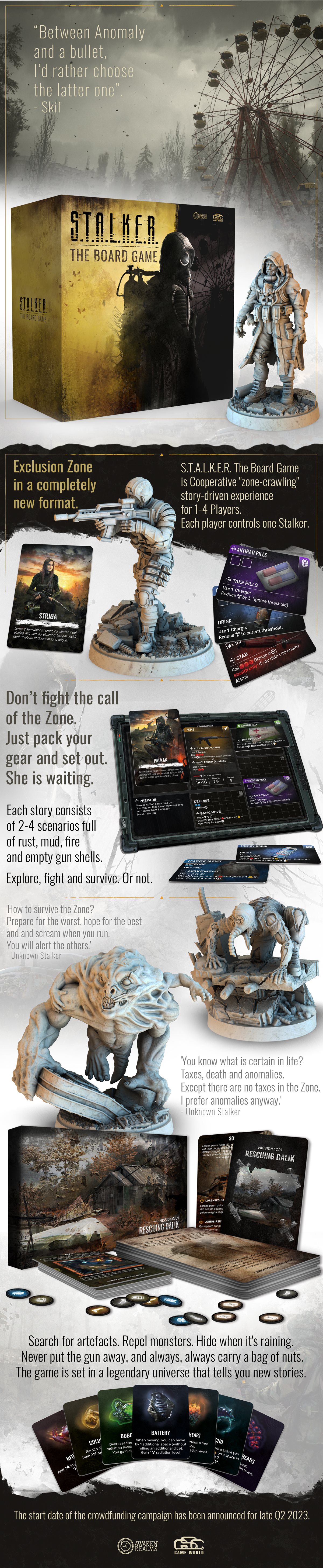 Image detailing the Stalker board game campaign to launch in Q2 2023. Images of cards and miniatures are shown alongside quotes from characters in the game world.