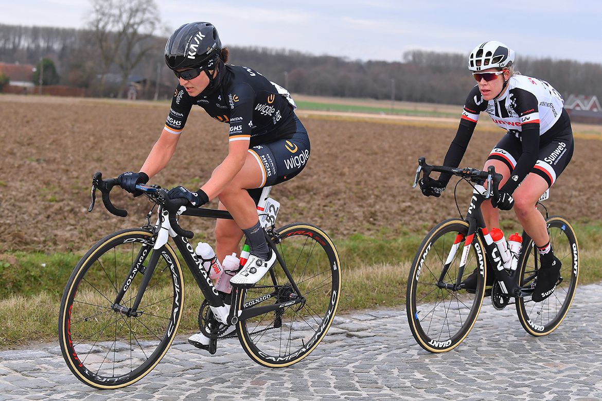 Elisa Longo Borghini and Ellen van Dijk on the attack at the Omloop Het Nieuwsblad