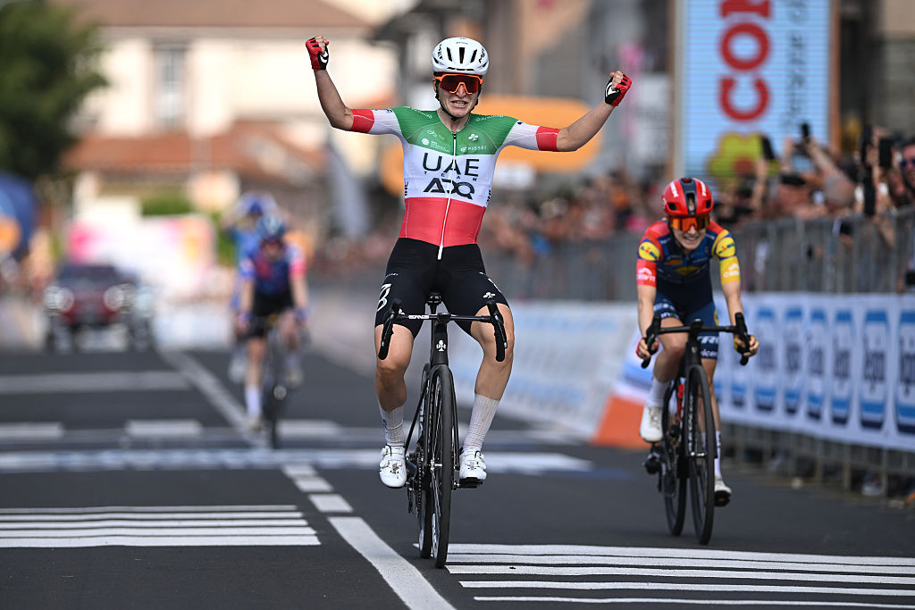 SALUZZO, ITALY - JUNE 07: Elisa Longo Borghini of Italy and UAE Team ADQ celebrates at finish line as stage winner during the 37th Giro d&amp;amp;apos;Italia Women 2026 - Stage 9 a 145km stage from Saluzzo to Saluzzo / #UCIWWT / on June 07, 2026 in Saluzzo, Italy. (Photo by Luc Claessen/Getty Images)