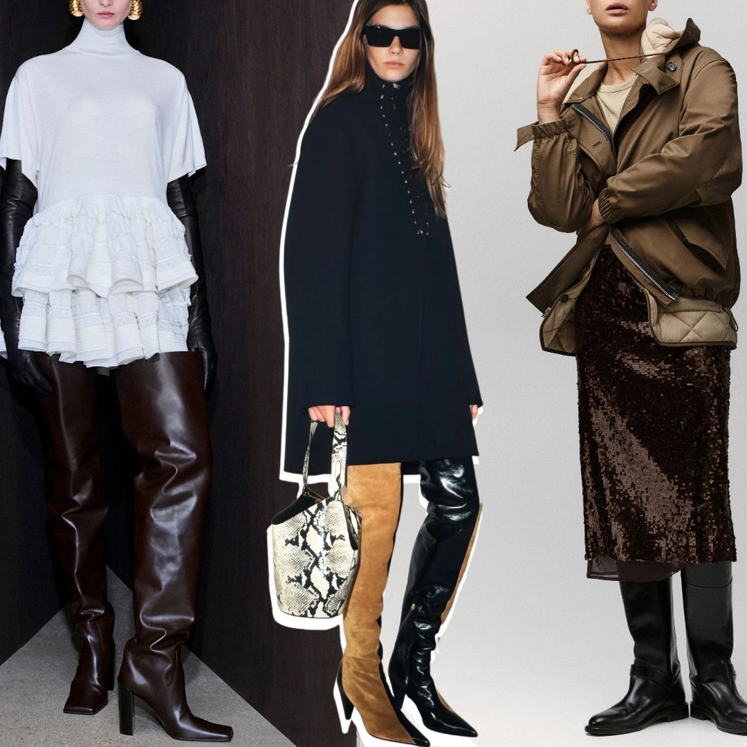 a collage of winter 2026 boot trends at Aläia, Khaite, Rag &amp; Bone Resort 2026