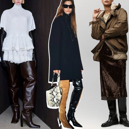 a collage of winter 2026 boot trends at Al&auml;ia, Khaite, Rag & Bone Resort 2026