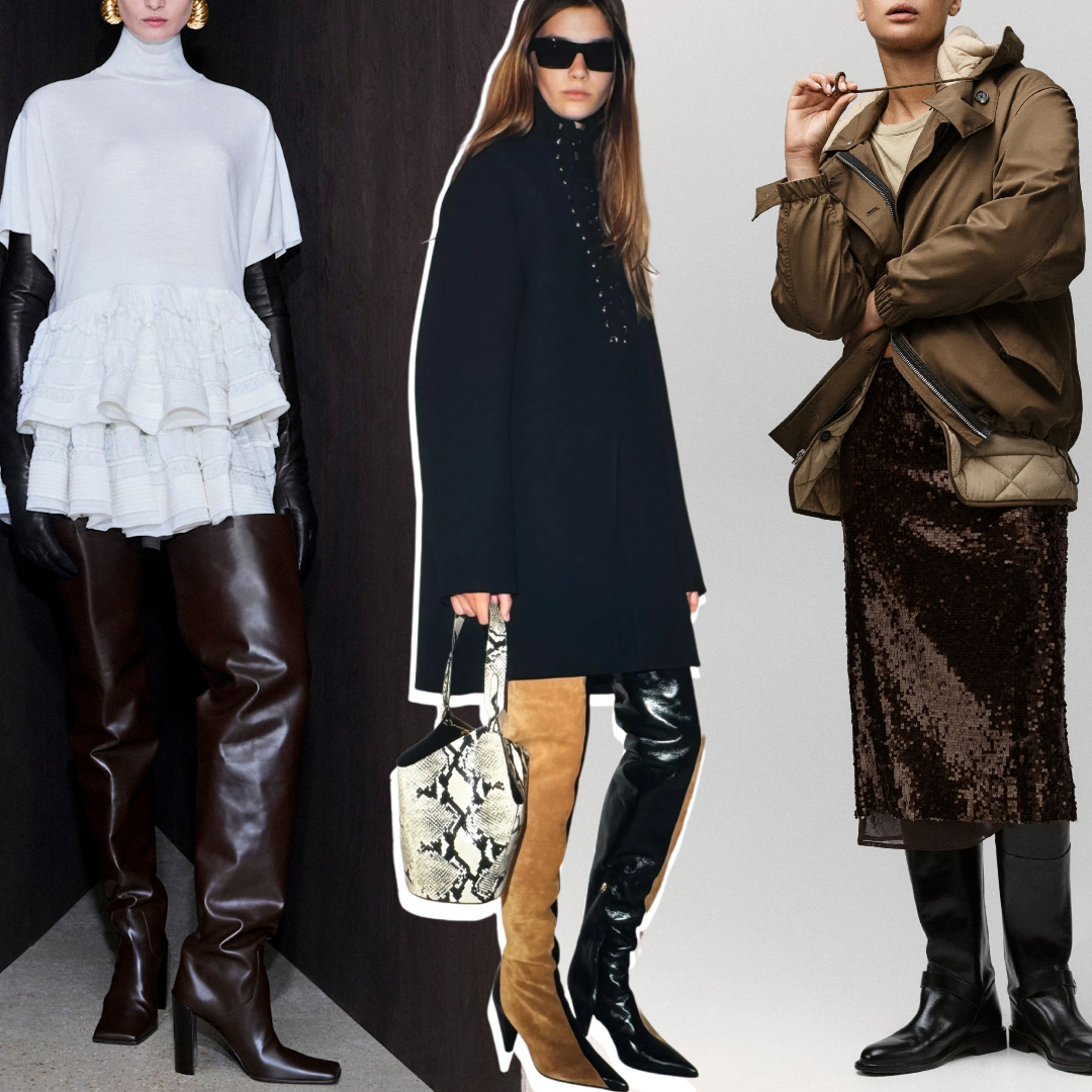 a collage of winter 2026 boot trends at Aläia, Khaite, Rag &amp; Bone Resort 2026
