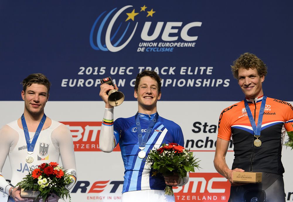 Silver medalist Domenic Weinstein of Germany, Gold medalist Stefan Kueng of Switzerland and bronze medalist Dion Beukeboom of the Netherlands pose during the medal ceremony of the Men's Individual Pursuit race at the Track Elite European Championships