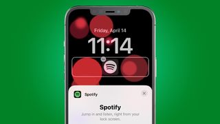 An iPhone on a green background showing the new Spotify lockscreen widget