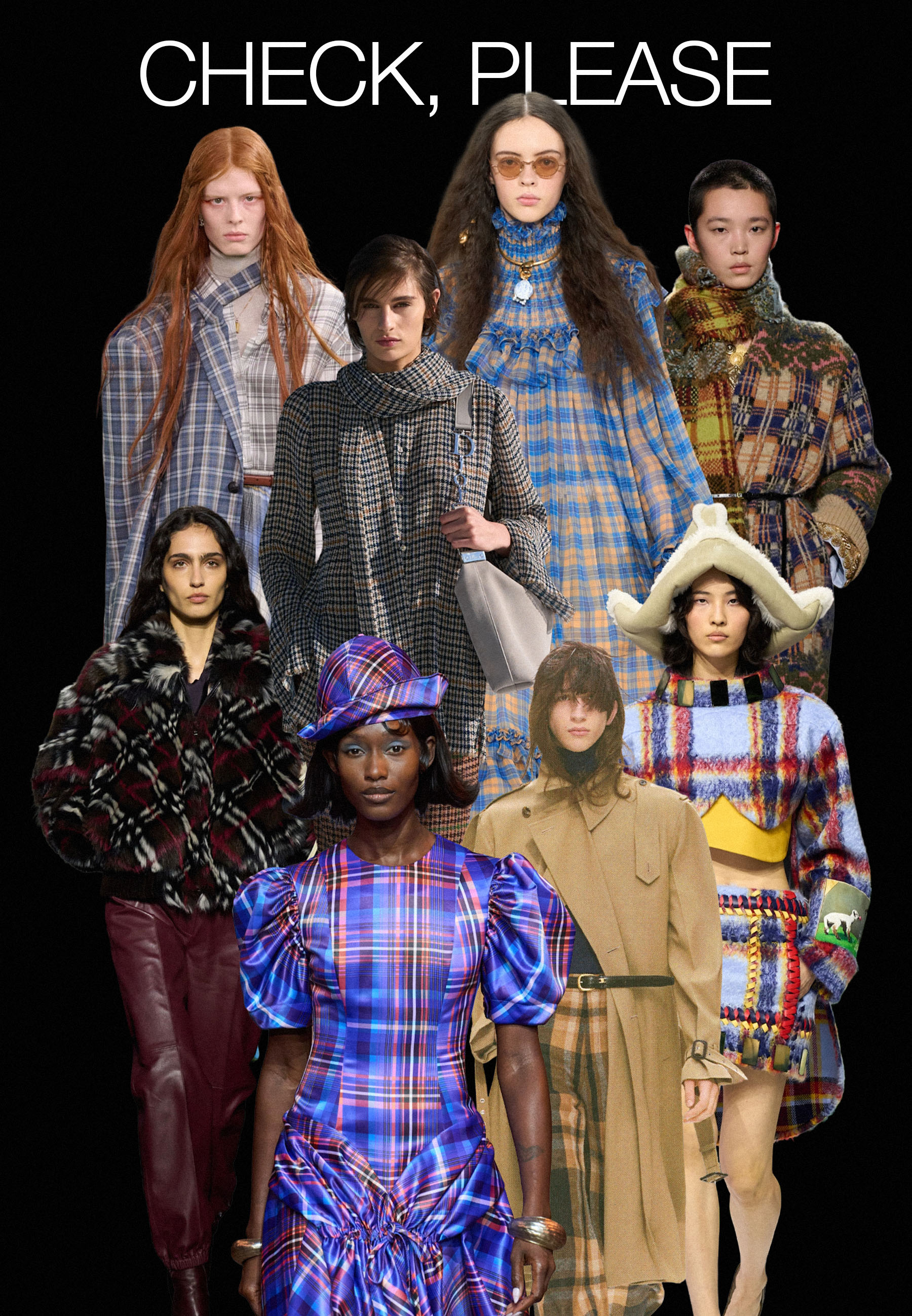 Collage of models on the autumn/winter 2026 runways for Chloe, Burberry, Dior, Louis Vuitton, Dries van Noten wearing the check trend.