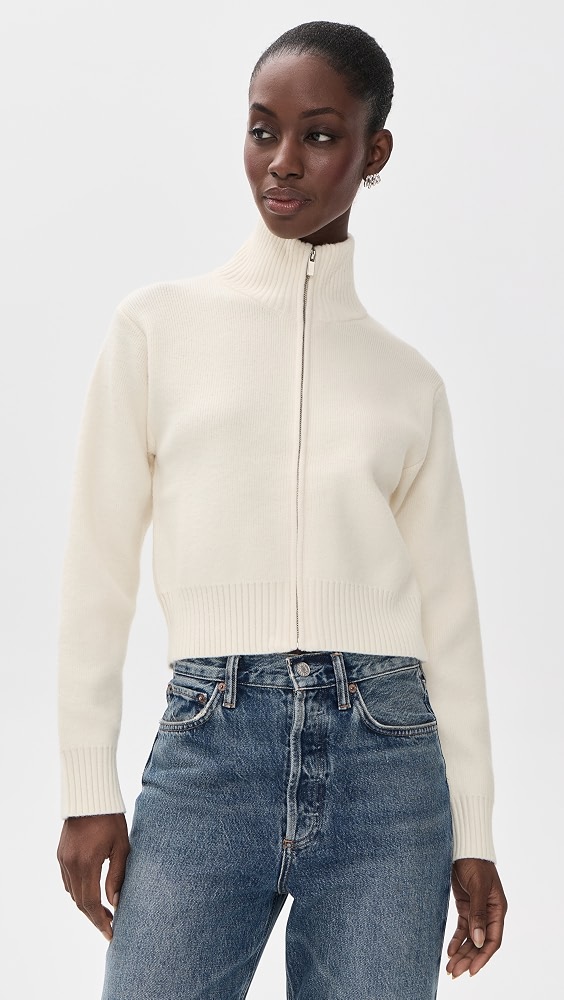 Zip-Up Funnel Neck Knit Jacket - Cream