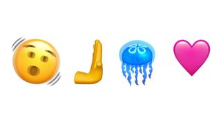 Vier Emojis aus iOS 16.4: Zittern, Halt stop, eine Qualle und ein pinkes Herz