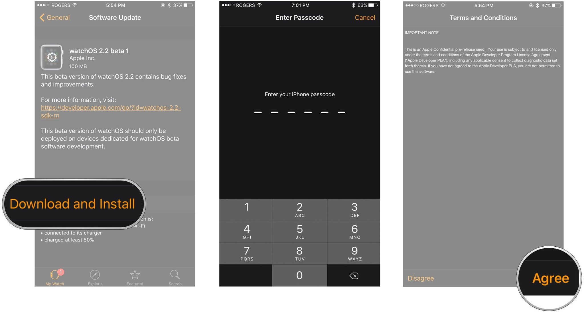Install watchOS, showing how to tap Download and Install, enter your iPhone passcode, then tap Agree