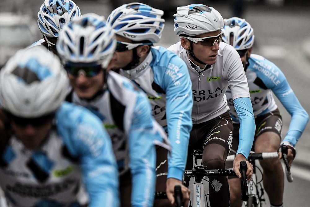 Members of the AG2R La Mondiale cycling team ride their bikes during a training session in Saint-Lo a day before the start of the 2016 Tour de France