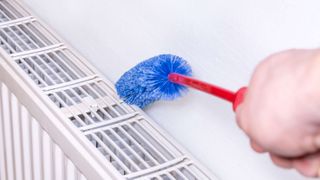 Person cleaning a radiator with a long thin brush