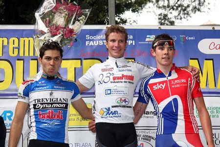 The GP Industrie del Marmo podium (l-r): Rafael Andriato (Bottoli), 2nd; Tomas Alberio (Bottoli), 1st; Luke Rowe (Great Britain), 3rd.