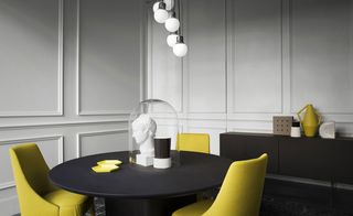 This installation was dominated by contasting black and white surfaces, punctuated with touches of bold citrus