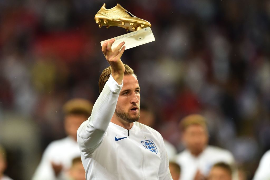 England&#039;s striker Harry Kane is presented with his Golden Boot award for being the top goal-scorer at the 2018 World Cup in Russia ahead of the UEFA Nations League football match between England and Spain at Wembley Stadium in London on September 8, 2018.