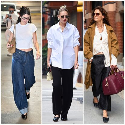 collage of kendall jenner, gigi hadid, and katie holmes wearing high-vamp flats 
