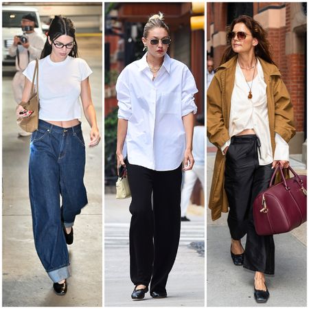 collage of kendall jenner, gigi hadid, and katie holmes wearing high-vamp flats 