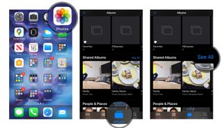 Add images and video to a Shared Photo Album on iPhone and iPad by showing steps: Open Photos, select Albums, tap See All
