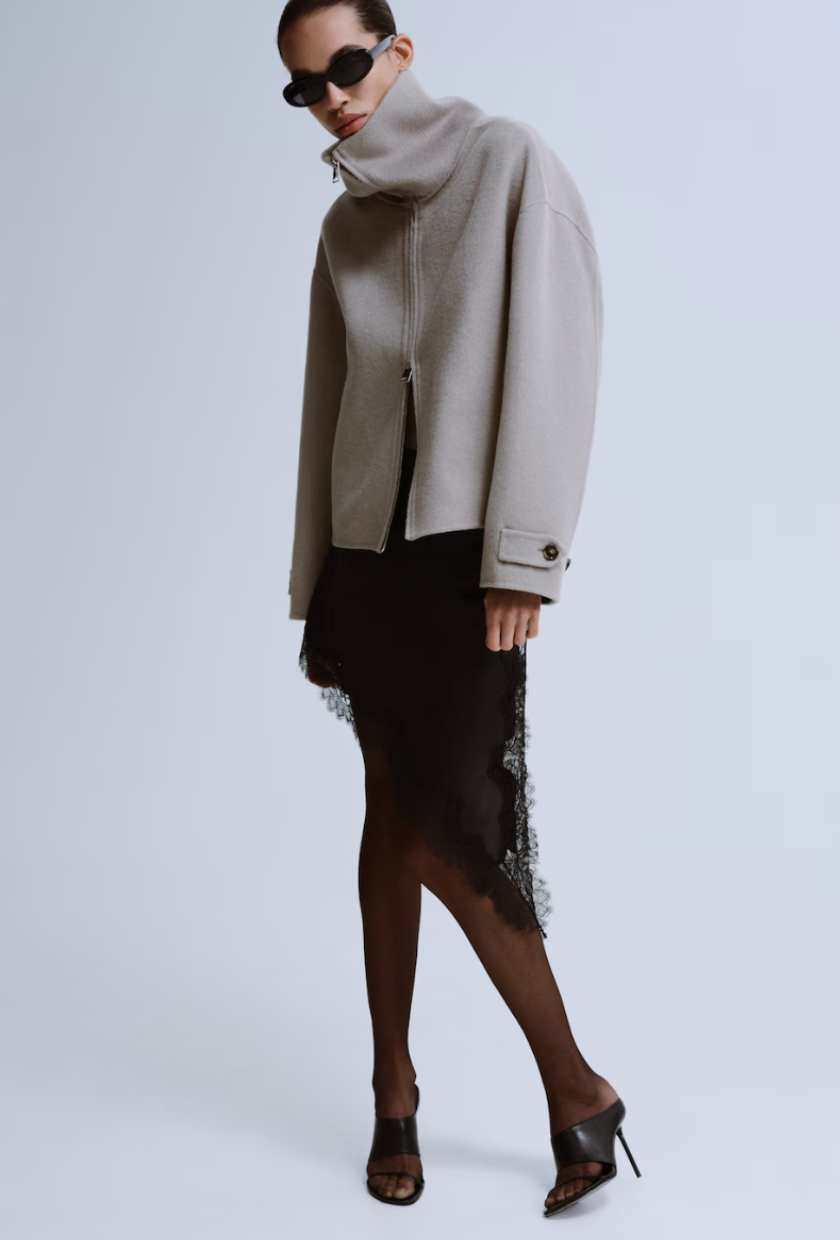 MANGO, Satin Asymmetric Short Skirt With Lace