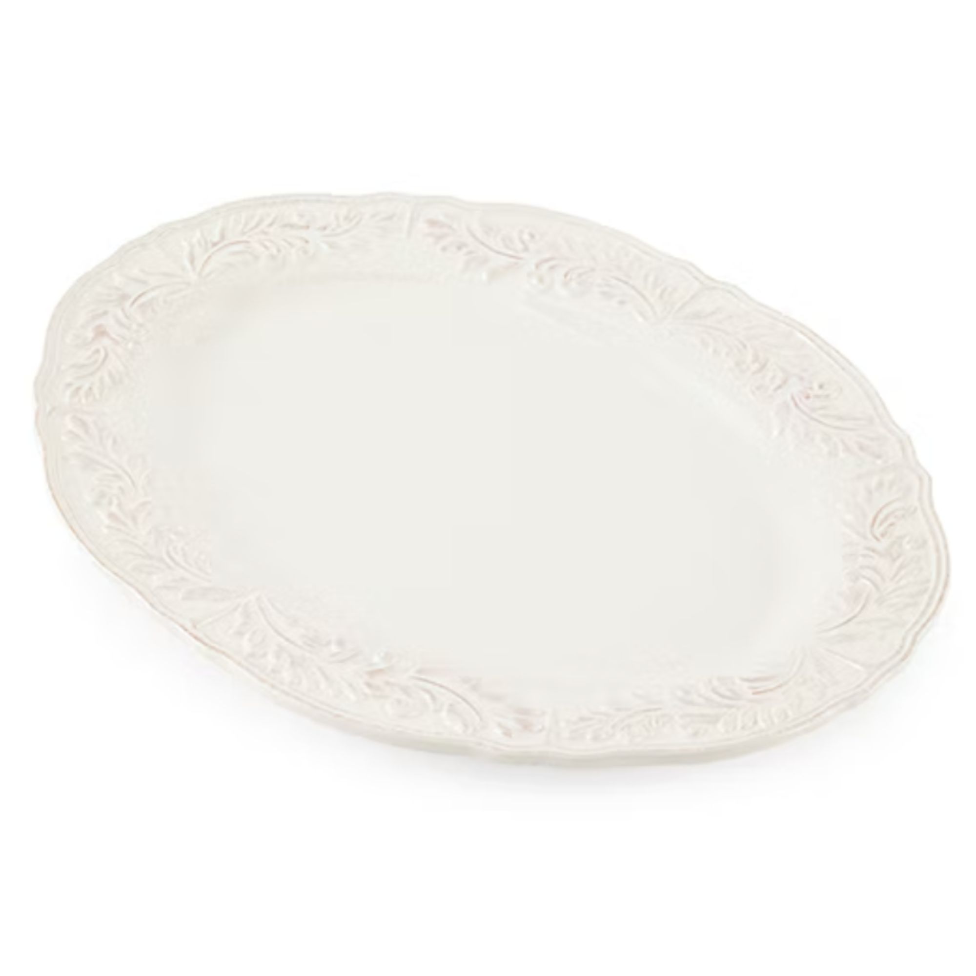 Oval stone platter with leaf detailing on the rim