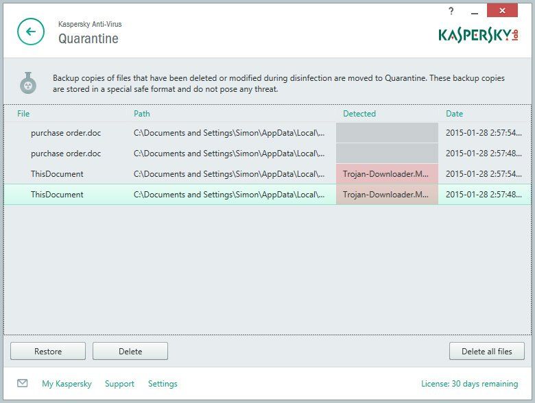 Kaspersky Anti-Virus 2015 quarantine