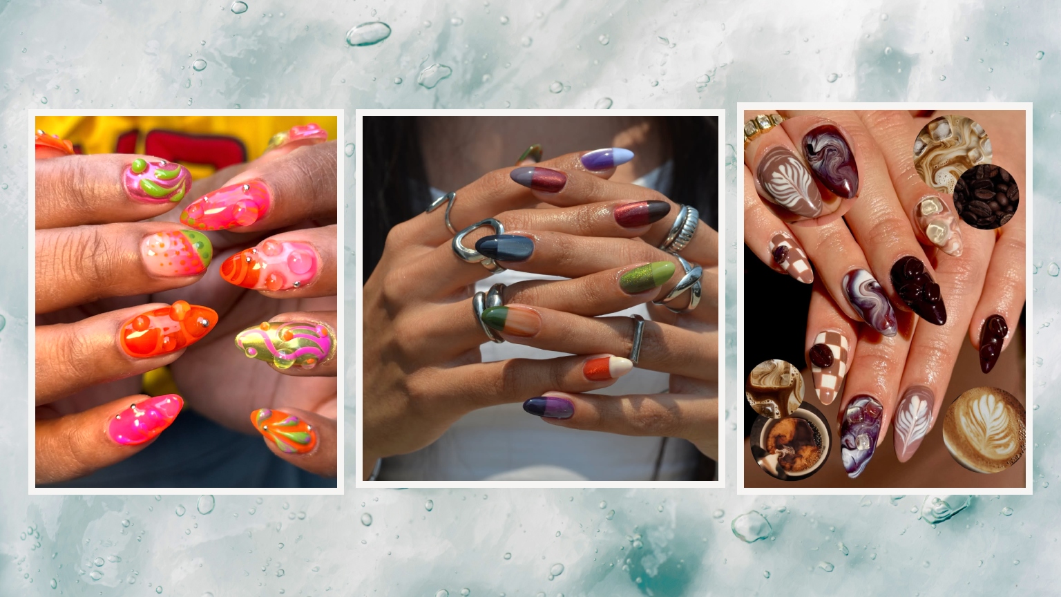 three maximalist manicures in a trio side by side