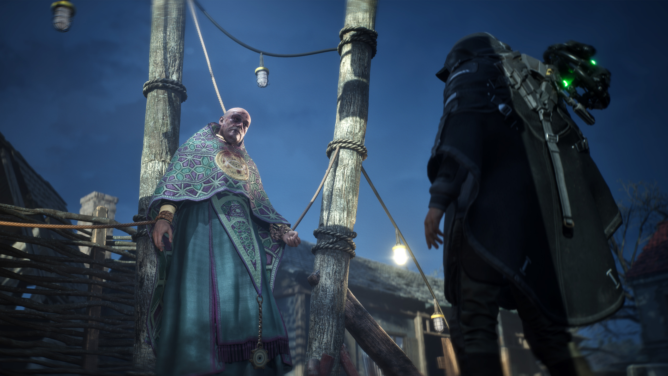 A religious figure is strung up in a village in Hell is Us talking to Remi