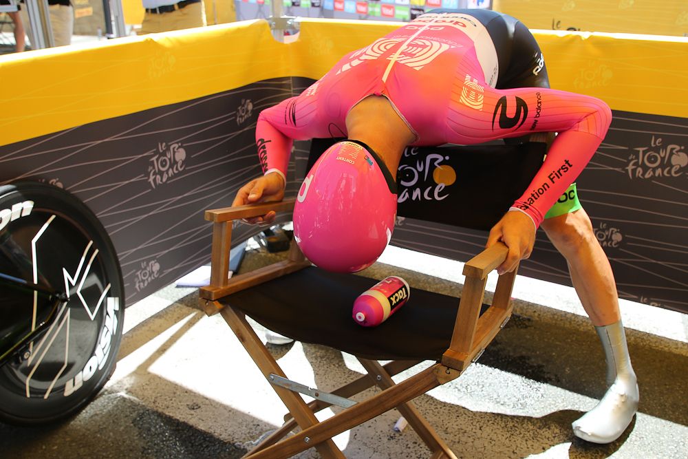 An EF Education First-Drapac rider gets ready to start the tour de France team time trial