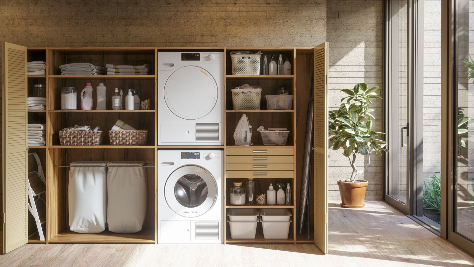 A laundry room with cupboard doors to keep all items stored and a glazed door to the right